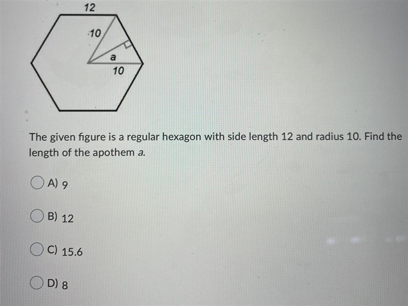 The given figure is a regular hexagon with side length 12 and radius 10. Find the-example-1