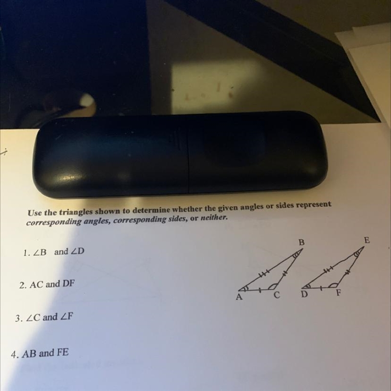 Use the triangle sound determine whether the given angles or side represents corresponding-example-1