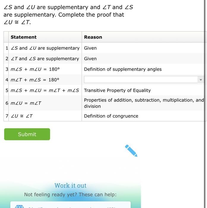 ∠S and ∠U are supplementary and ∠T and ∠S are supplementary. Complete the proof that-example-1