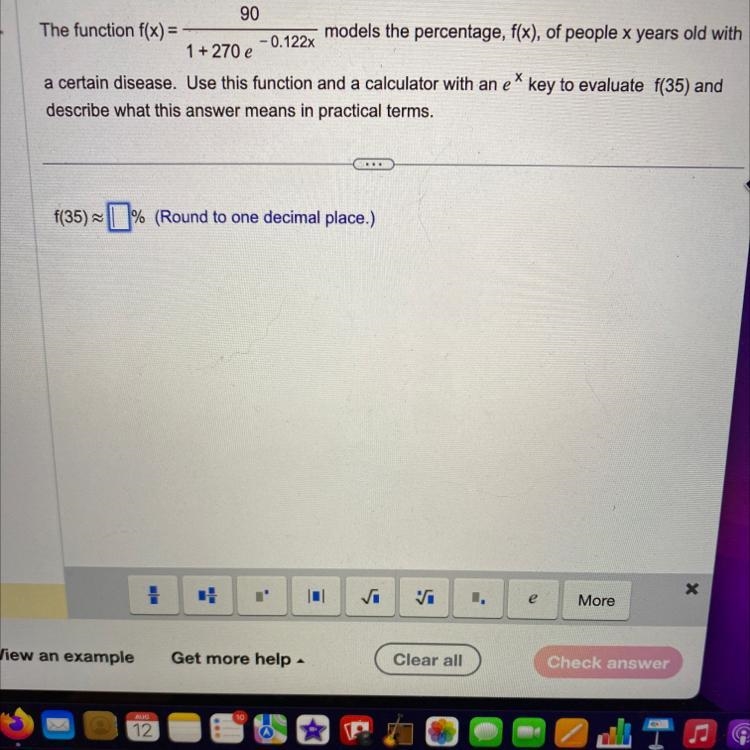 The function f(x)=90/1+270e^0.122x models the percentage, f(x), of people x years-example-1