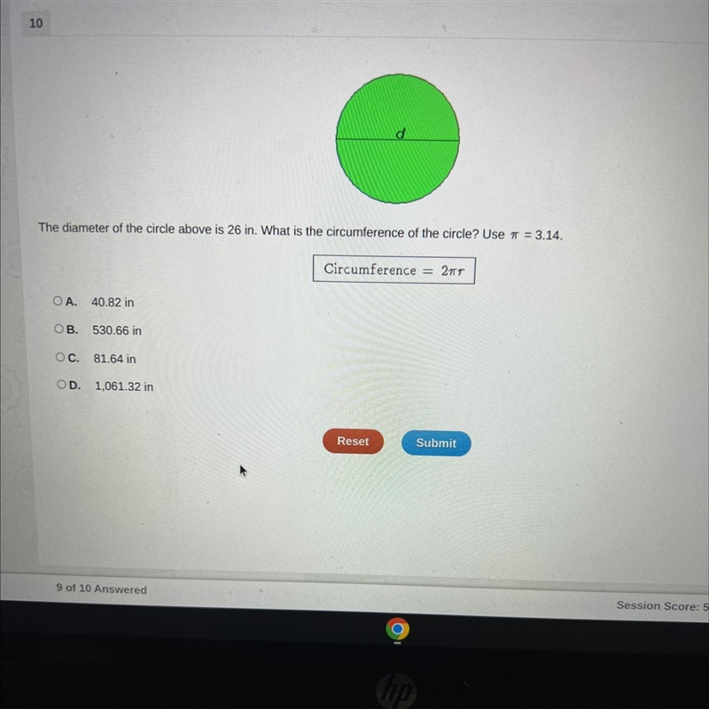 The diameter of the circle above is 26 in. What is the circumference of the circle-example-1