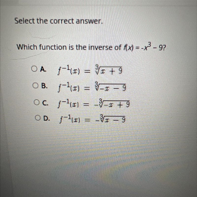 Which function is the inverse of Ax) =-x?- 97OA. (-40) = 95 + 9OB. (-HI) = V-=9OC-example-1