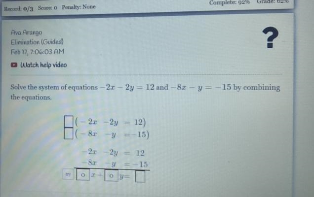 Solve the system of equations -2x-2y=12 and -8x-y=-15-example-1