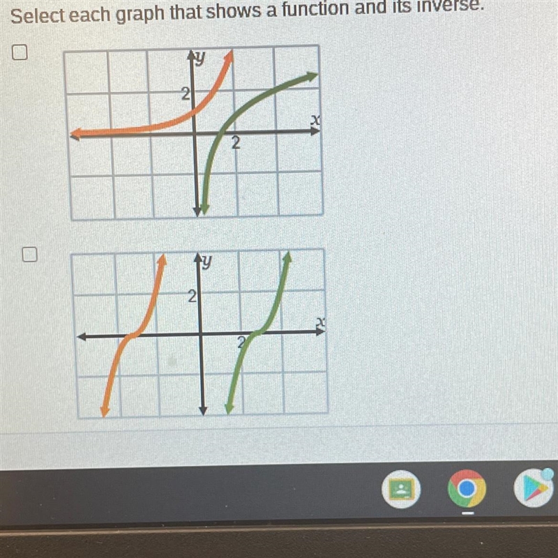 Select each graph that shows a function and it’s inverse-example-1