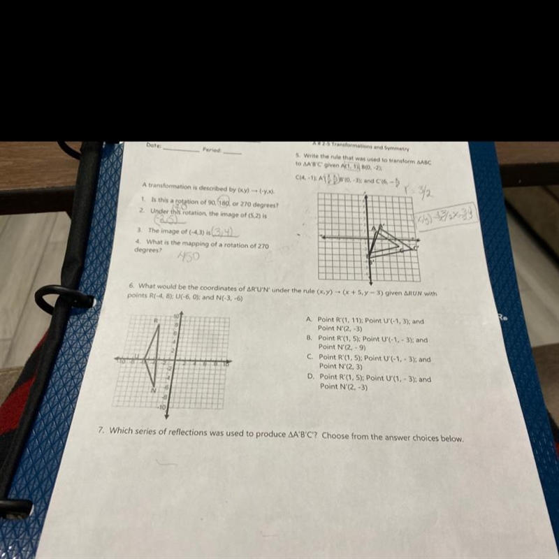 #6 What would be the coordinates of AR'U'N' under the rule (x,y) → (x + 5, y - 3) given-example-1