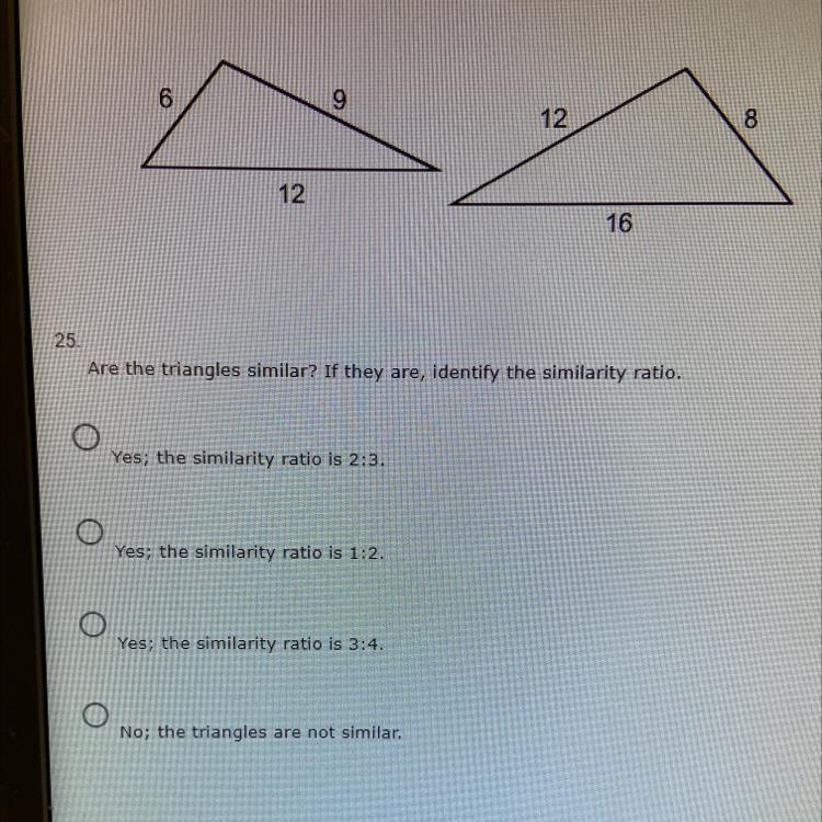 Are the triangles similar? If they are, identify the similarity ratio.Yes: the similarity-example-1