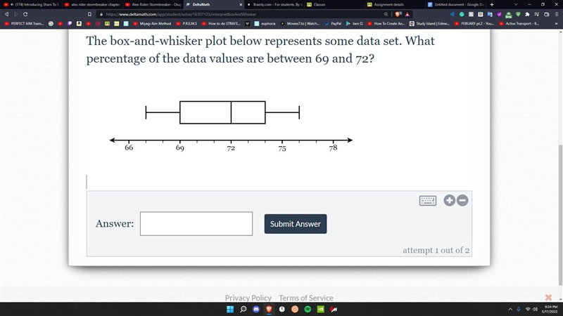 The box-and-whisker plot below represents some data set. What percentage of the data-example-1