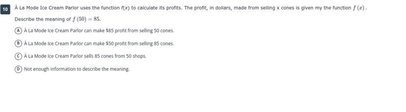 A la mode ice cream Pa;r uses the function f(x) to caculate its profit.The profit-example-1