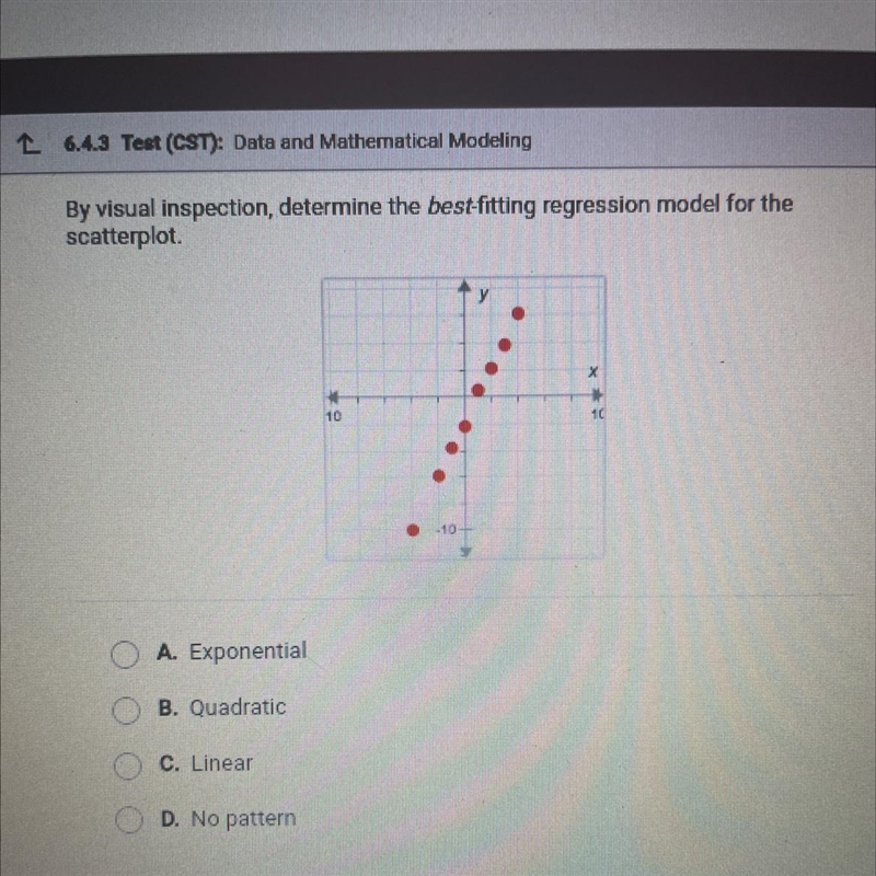 By visual inspection, determine the best-fitting regression model for the scatterplot-example-1