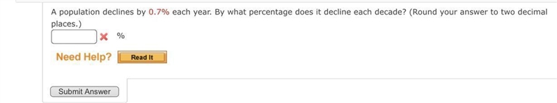 A population declines by 0.7% each year. By what percentage does it decline each decade-example-1