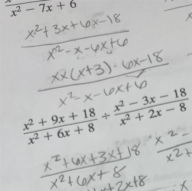 Solve using factoring x2+9x+18 /x2+6x+8 Divide x2-3x-18/x2+2x-8-example-1