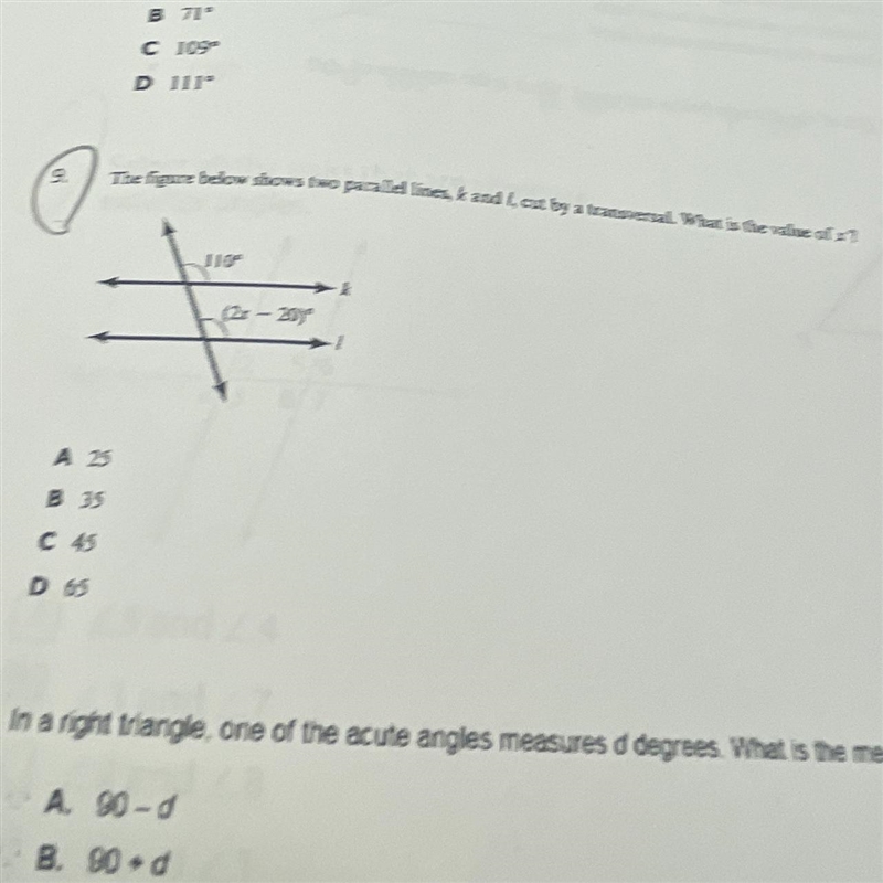 The figure below shows two parallel lines, k and f, cut by a transversal. What is-example-1