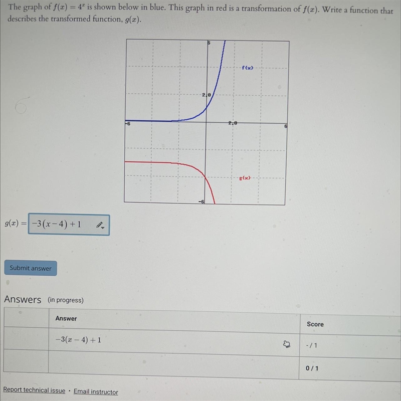 The graph of f(x) = 4+ is shown below in blue. This graph in red is a transformation-example-1