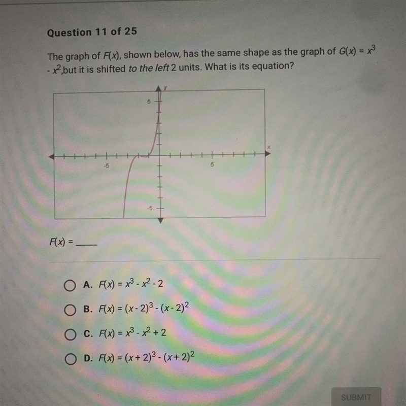 The graph of F(x), shown below has the same shape as the graph of G(x)=x^3 -2 but-example-1