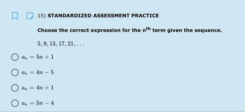 Choose the correct expression for the nth term given the sequence. 5, 9, 13, 17, 21, . . .-example-1