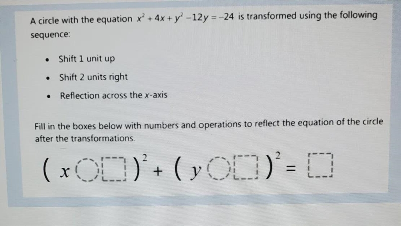 Fill in the boxes with numbers and operations to reflect the equation of the circle-example-1