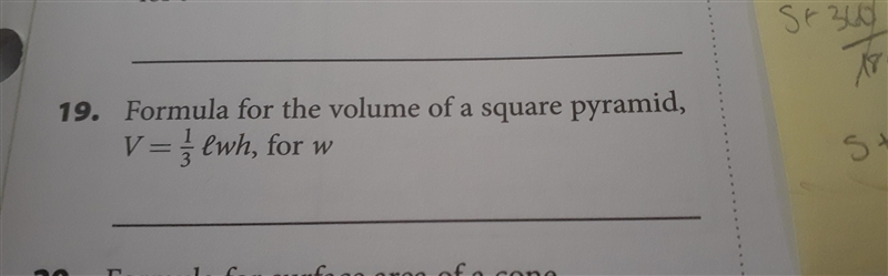 Formula for the volume of a square pyramid, V = 1/3lwh, for w-example-1