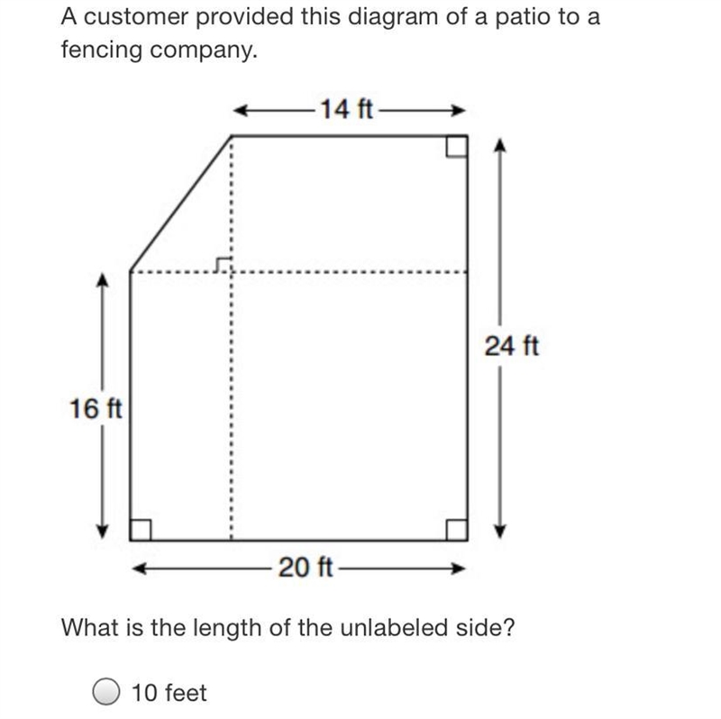 A customer provided this diagram of a patio to afencing company.14 ft24 ft16 ft20 ftWhat-example-1