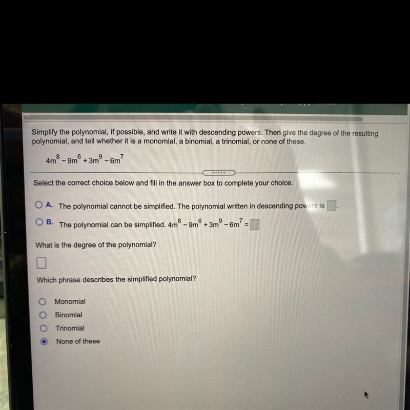 Simplify the Polynomial if possible and write it with descending powers. Then give-example-1