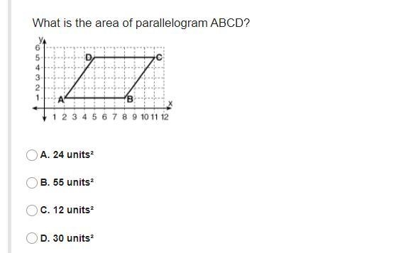 What is the area of parallelogram ABCD?A. 24 units²B. 55 units²C. 12 units²D. 30 units-example-1