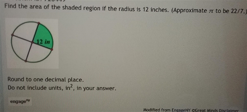 Find the area of the shaded region if the radius is 12 inches.-example-1