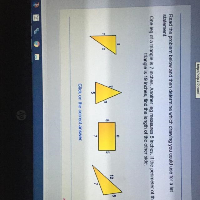 One leg of a triangle is 7 inches. another leg measures 5 inches. if the perimeter-example-1