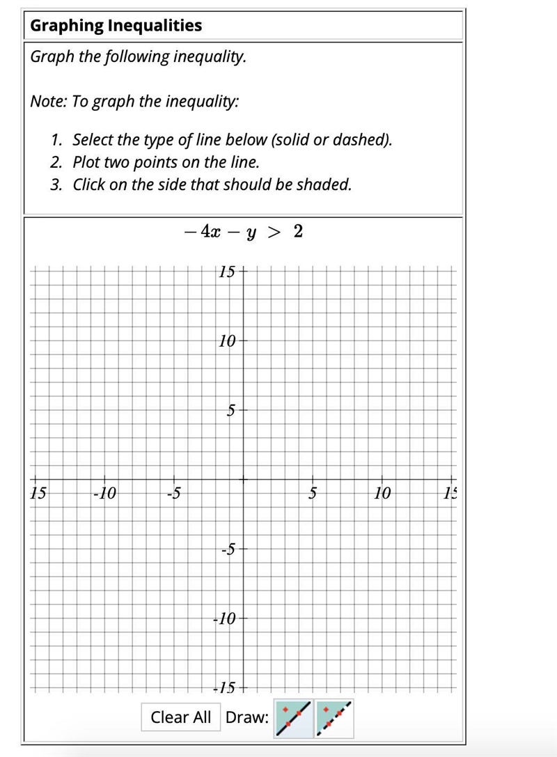 Graph the following inequality.Note: To graph the inequality:Select the type of line-example-1