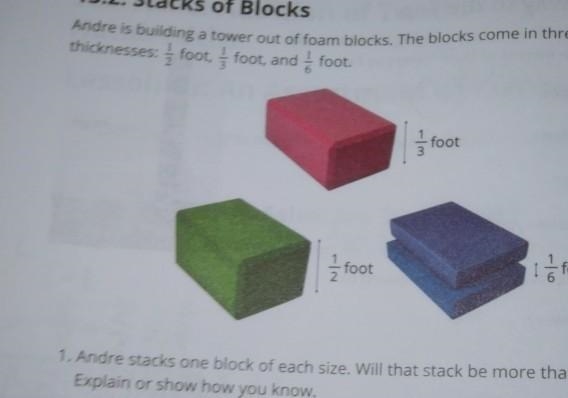 Andre stacks one block of each size. Will that stack be more than 1 foot tall? Explain-example-1