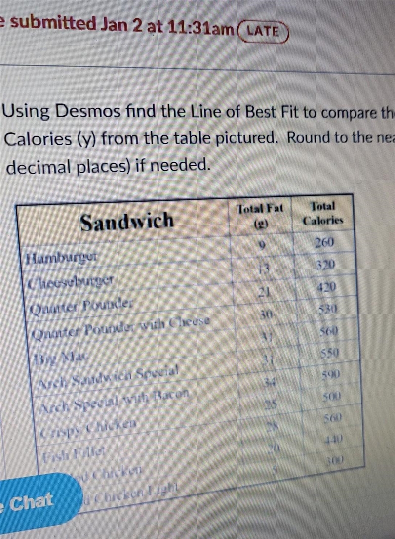 using demos find the line of best fit to compare fat (x) and the calories(y) from-example-1