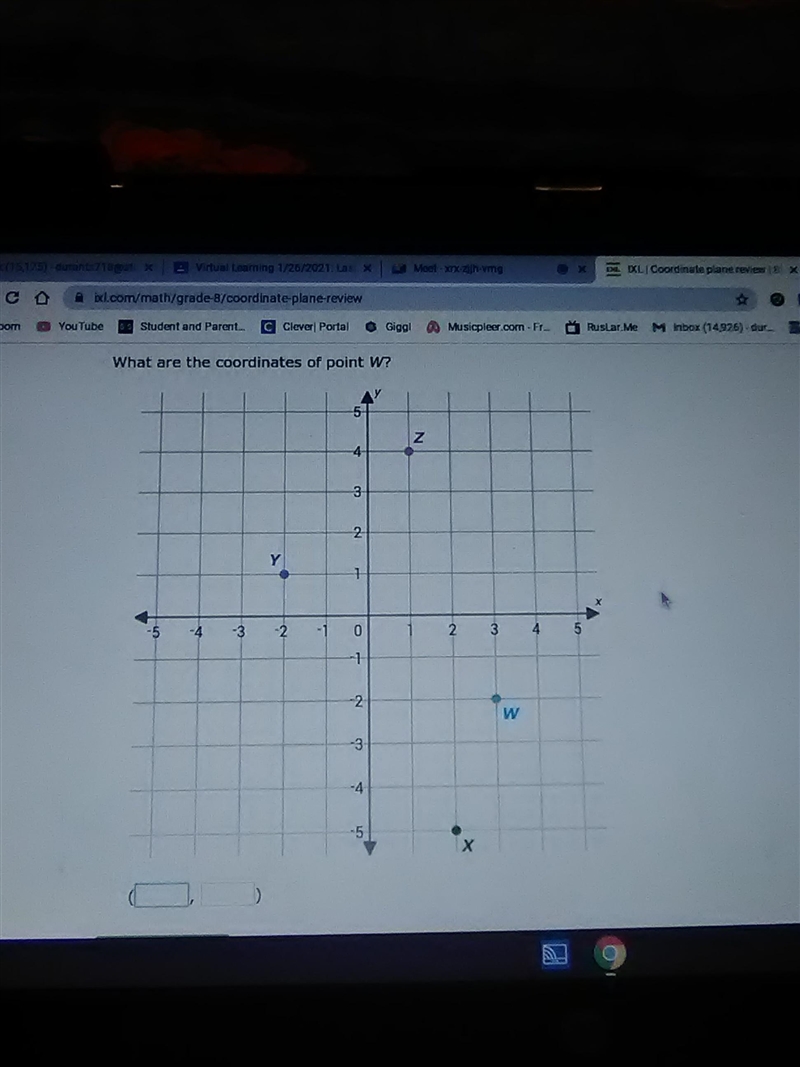 What are the coordinates of point w? 5 Z 3 2 Y 3 0 2 2. 4 -1 -2 W -3 -5 Х-example-1