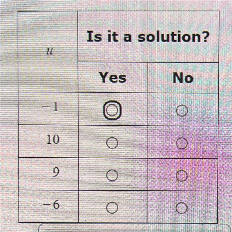 For each value of u, determine whether it is a solution to 5u + 6 > 51.-example-1