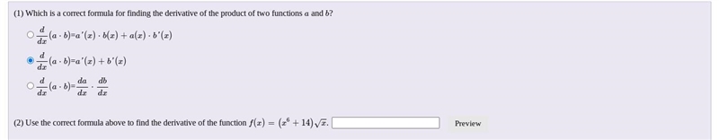 (2) Use the correct formula above to find the derivative of the function-example-1