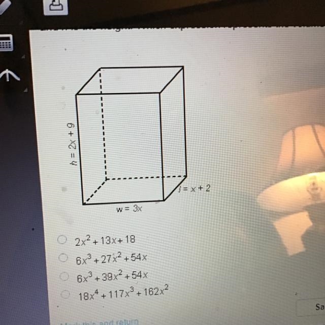 Find the volume h=(2x+9) w=(3x) l=(x+2)-example-1