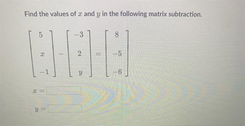 Find the values of u and y in the following matrix subtraction.-example-1