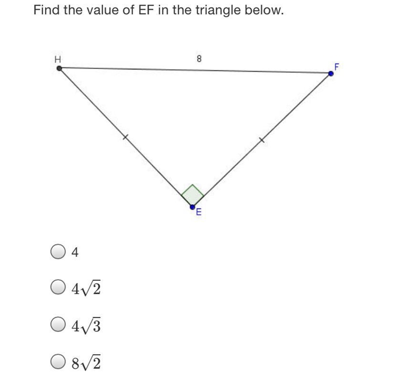 Find the value of EF in the triangle below.H8FE4O 472O 43O8V2-example-1