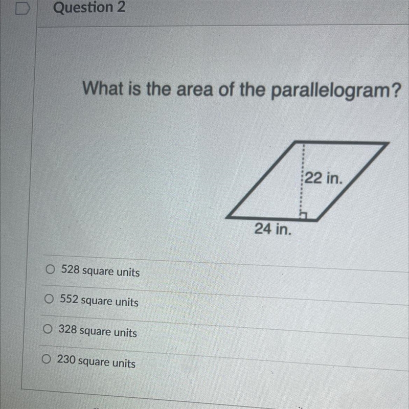 What is the area of the parallelogram? Ss 22 in. 24 in.-example-1