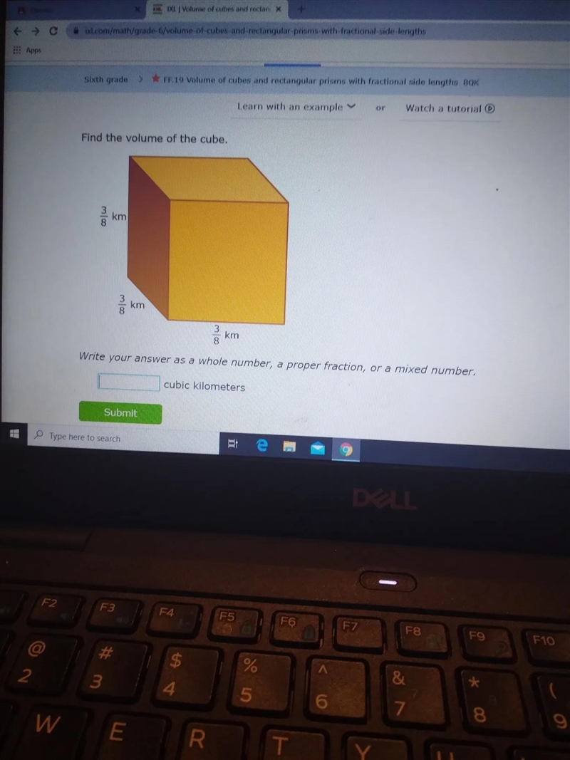 Find the volume of the cube 3/8 cm 3/8km 3/8 km-example-1