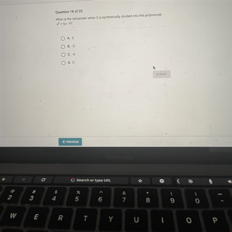 What is the remainder when 3 is synthetically divided into the polynomial*²+5x-9?OA-example-1