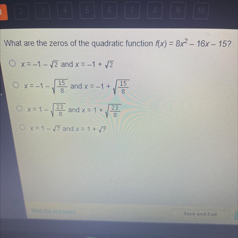 What are the zeros of the quadratic function f(x)=8^2-16-15-example-1