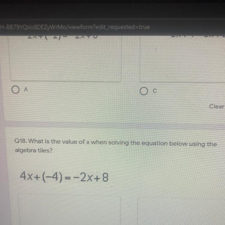 Q18. What is the value of x when solving the equation below using thealgebra tiles-example-1