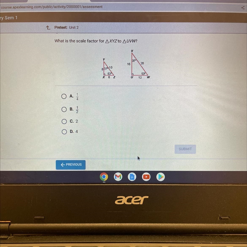 What is the scale factor for AXYZ to AUVW?O A1/1O B. 1/1/20OC. 2OD. 4371620A A837-105353X-example-1