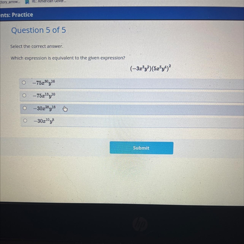 Select the correct answer. Which expression is equivalent to the given expression-example-1