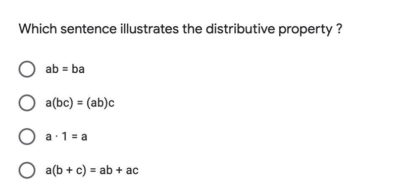 Which sentence illustrates the distributive property-example-1