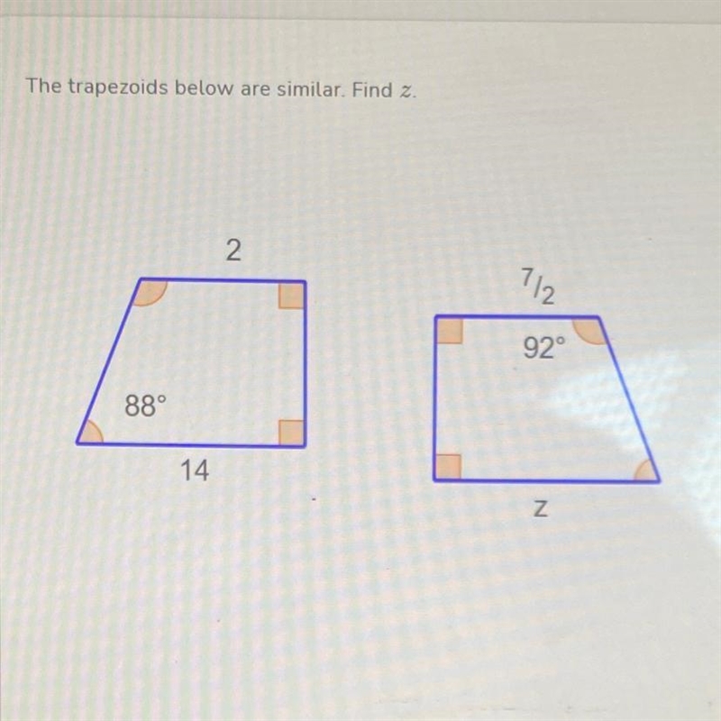 The trapezoids below are similar. Find z.-example-1