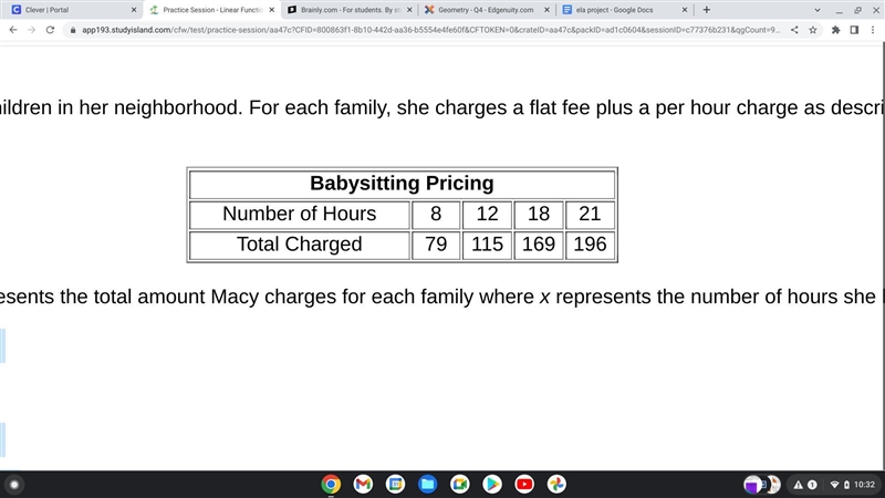 Macy babysits the children in her neighborhood. For each family, she charges a flat-example-1