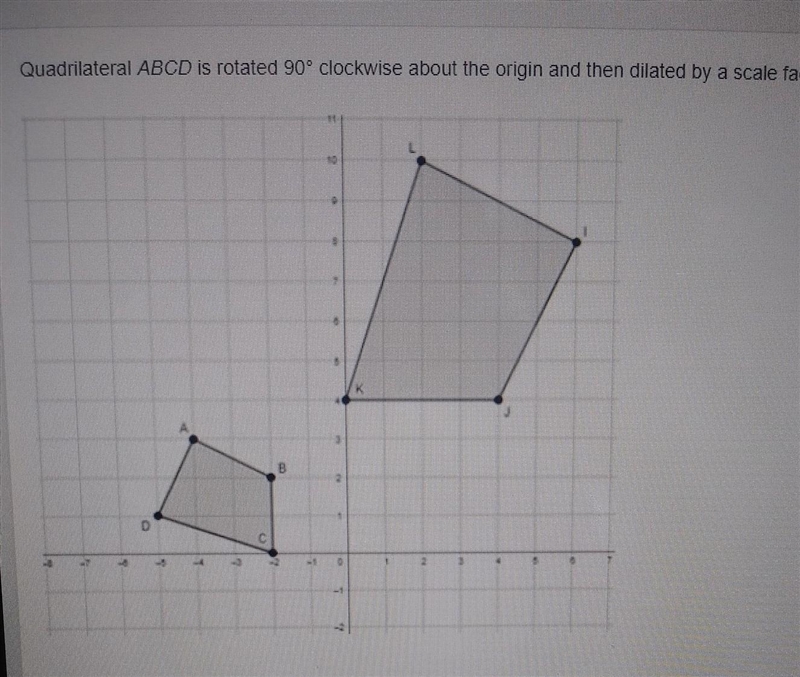 quadrilateral ABCD is rotated 90° clockwise about the origin and then dilated by a-example-1