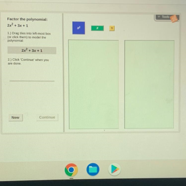 Factor the polynomial: 2x² + 3x + 1 1.) Drag tiles into left-most box (or click them-example-1
