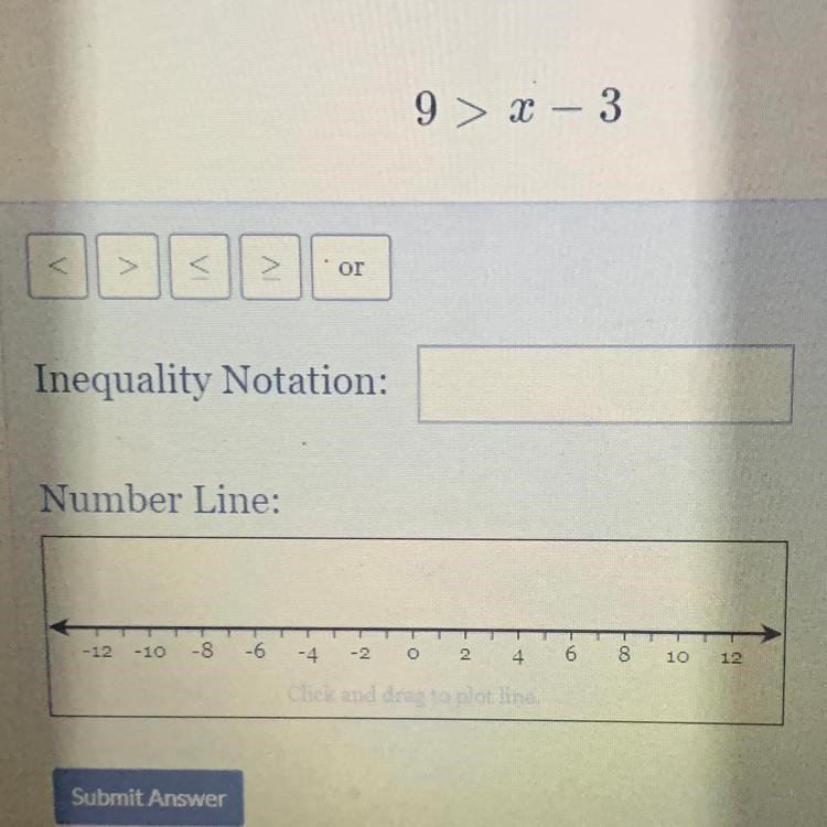 Solve for x and graph the solution on the number line below 9 > x − 3-example-1