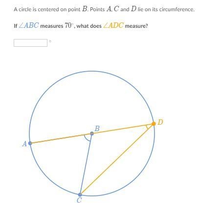 Inscribed Angles if angles ABC measures 70 what does angles ADC measure?-example-1