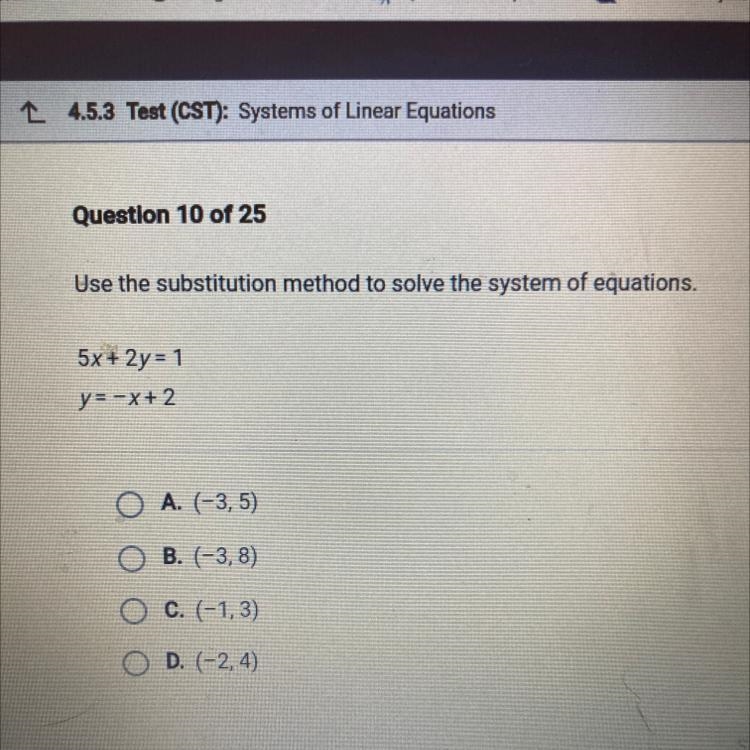 Use the substitution method to solve the system of equations. 5x+2y=1 Y=-x+2-example-1